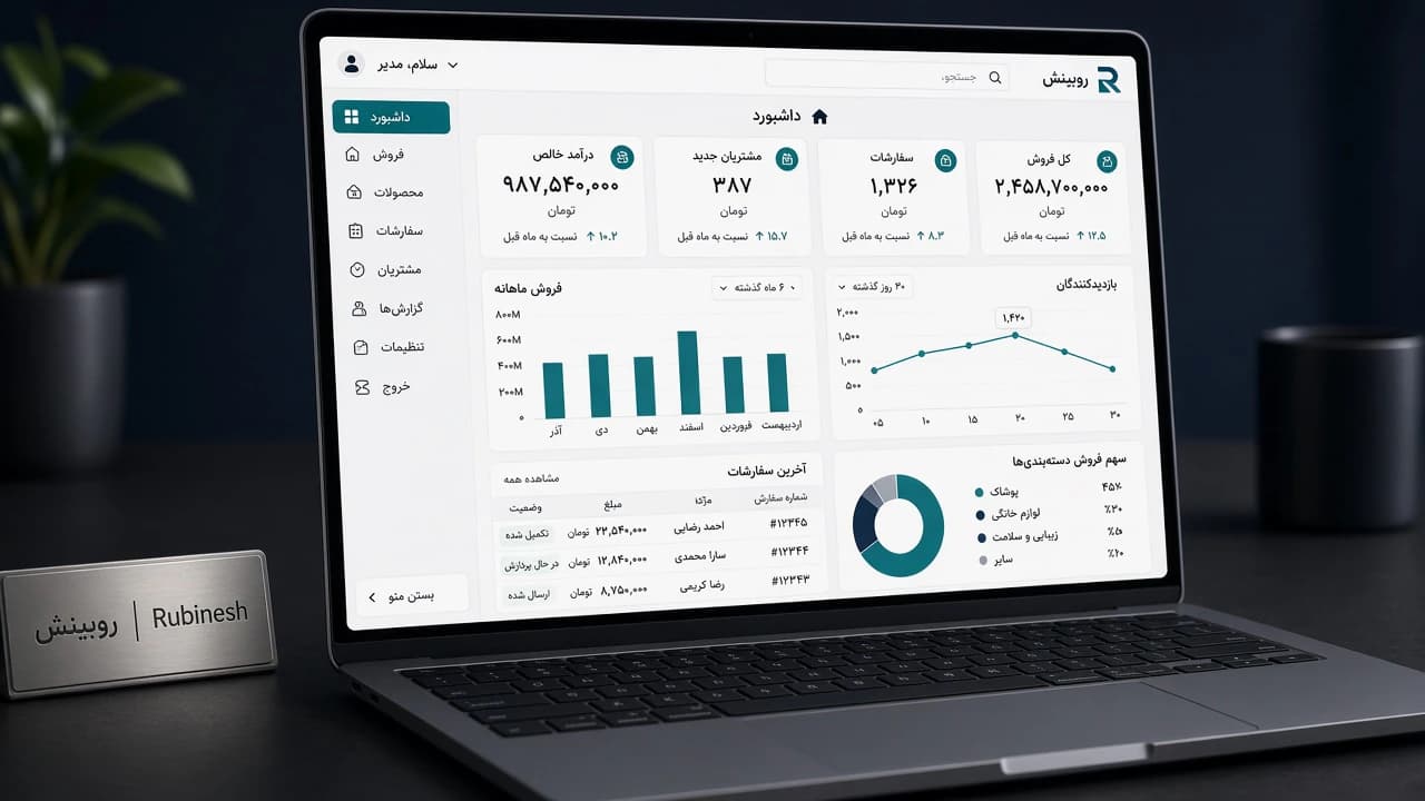 داشبورد مدیریتی فارسی روی لپتاپ با کارتهای KPI و نمودار — روبینش | Rubinesh