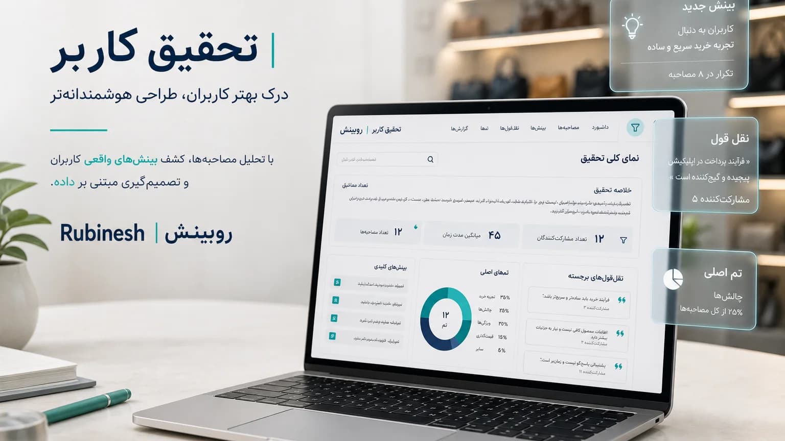 داشبورد یافتههای تحقیق کاربر روی لپتاپ: نقلقول، تم و اولویت — روبینش | Rubinesh