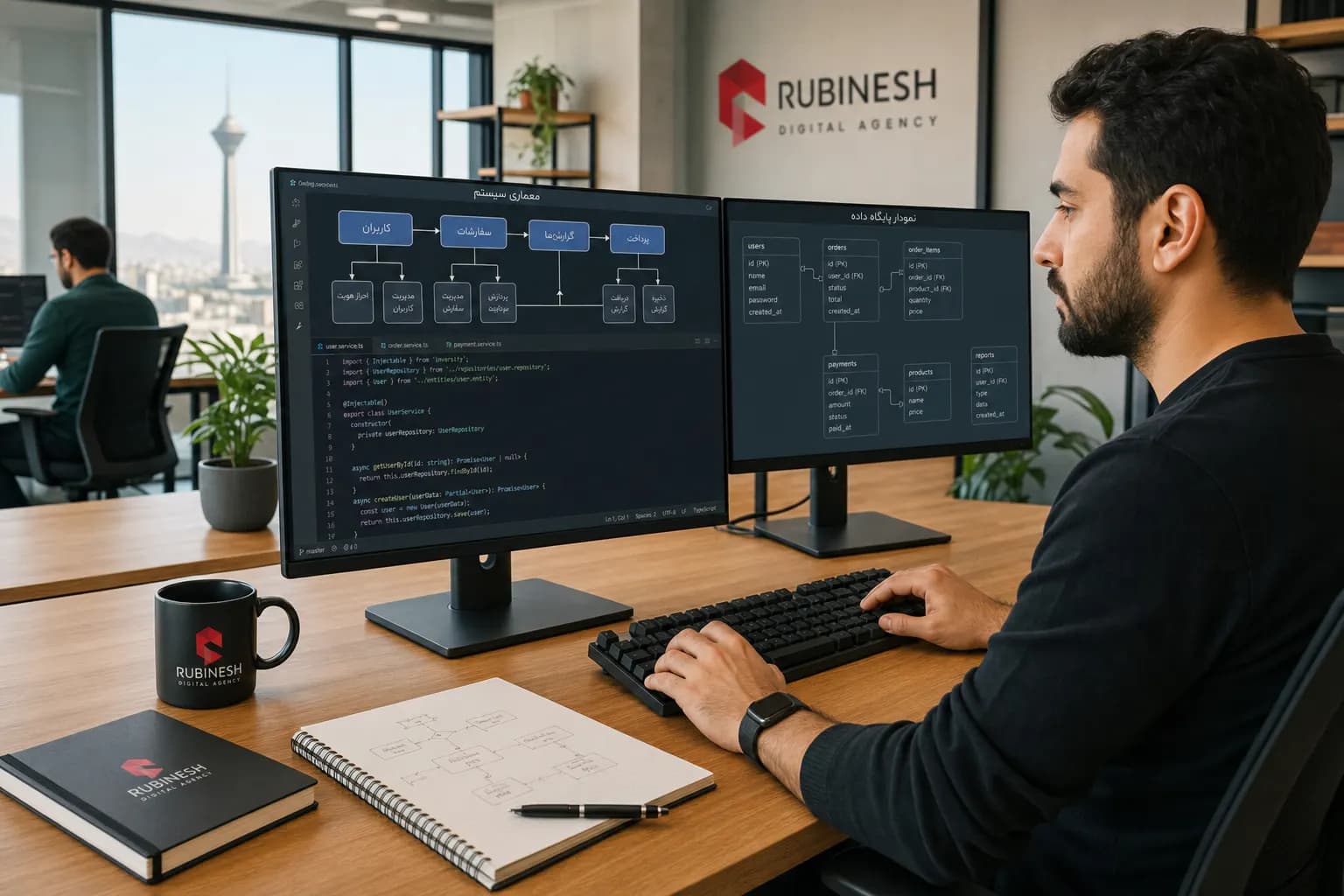 تیم روبینش در حال طراحی معماری نرمافزار اختصاصی و برنامهنویسی CRM و پنل مدیریت با کد و نمودار پایگاه داده