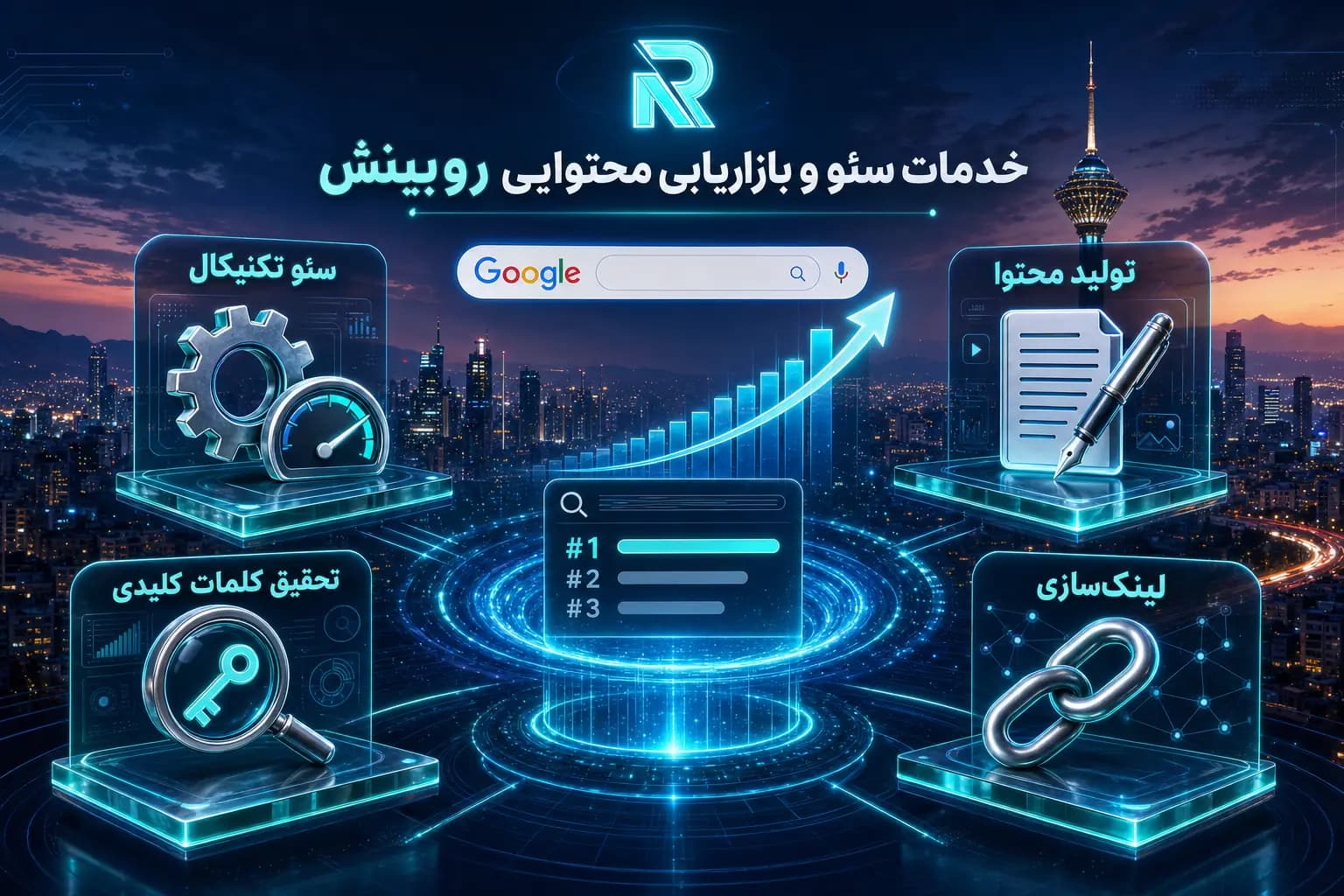 اینفوگرافیک خدمات سئو و بازاریابی محتوایی روبینش شامل سئو تکنیکال، تولید محتوا، تحقیق کلمات کلیدی و لینکسازی