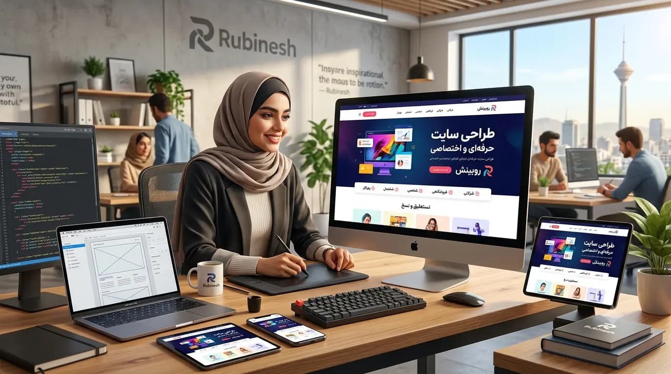 طراحی سایت واکنشگرا روبینش روی دسکتاپ، لپتاپ، تبلت و موبایل در محیط کاری حرفهای