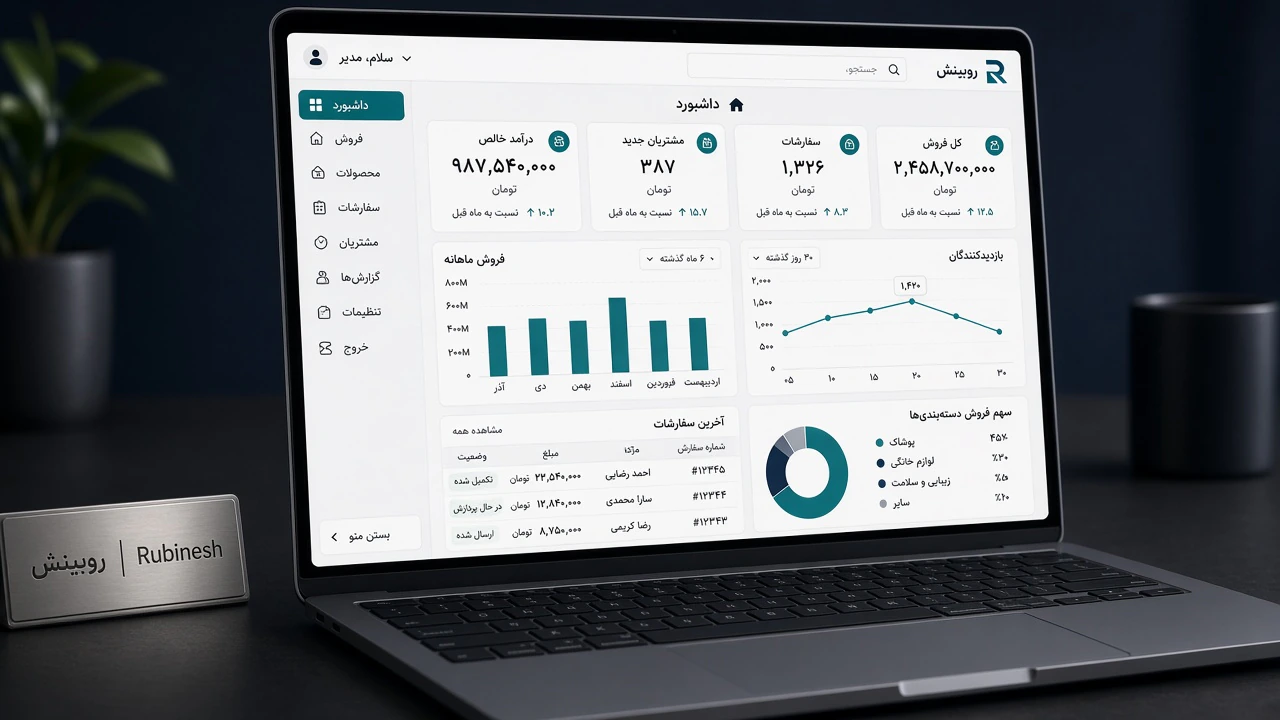 داشبورد مدیریتی فارسی روی لپ‌تاپ با کارت‌های KPI و نمودار — روبینش | Rubinesh